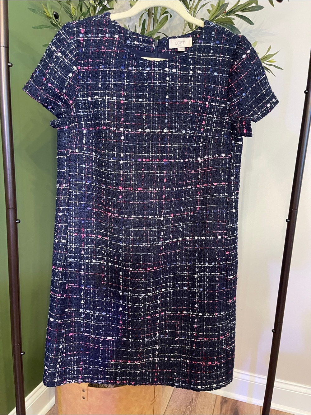 LOFT Navy Tweed Shift Dress with Pink & White Threading